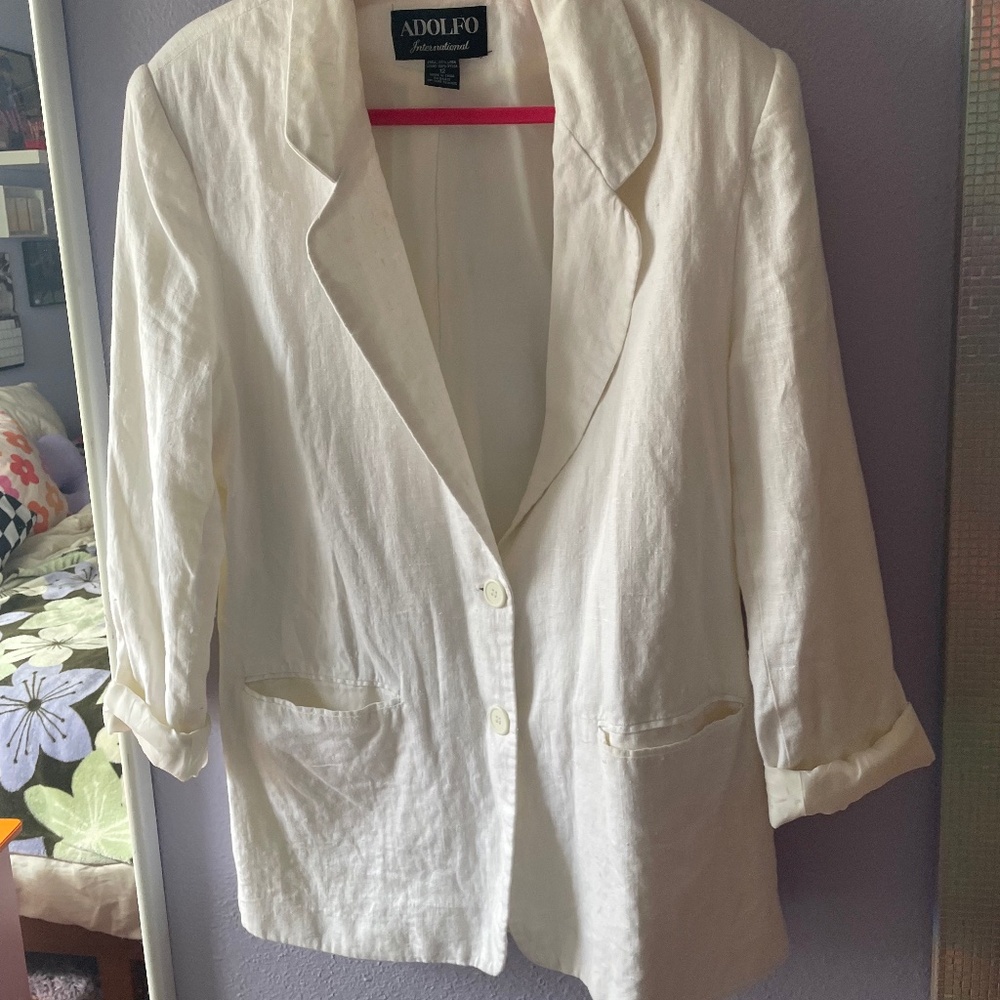 VINTAGE White 100% Linen Adolfo International Blazer, Size 12